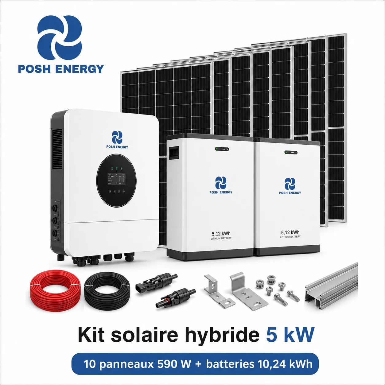 Kit solaire hybride 5 kW - 10 panneaux 590 W + batteries 10,24 kWh