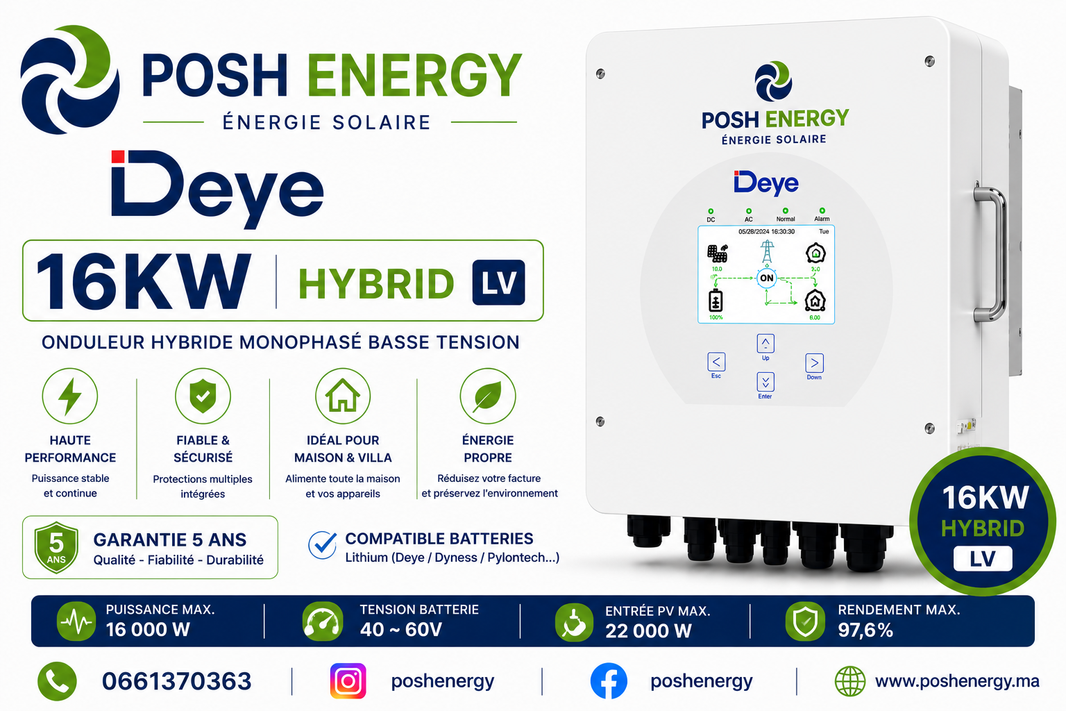Onduleur hybride Deye 16 kW monophasé LV